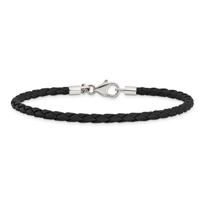 6.25 Inch Sterling Silver Reflections Black Leather Bead Bracelet