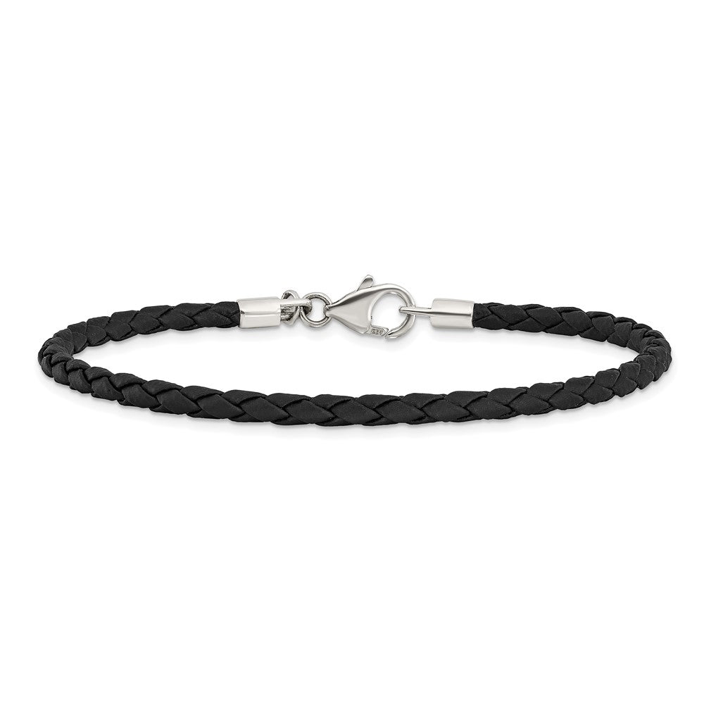 7.75 Inch Sterling Silver Reflections Black Leather Bead Bracelet
