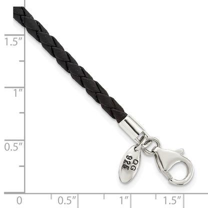 9 Inch Sterling Silver Reflections Black Leather Bead Bracelet
