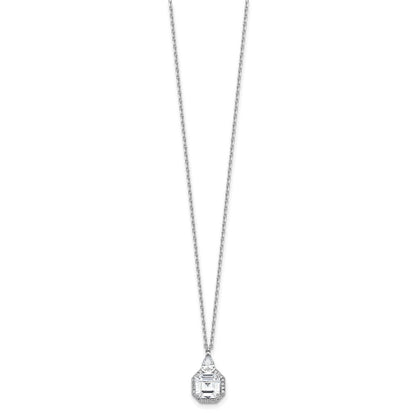 Sterling Silver Rhodium-Plated CZ 16in w/2in Ext. Tear Drop Square Necklace