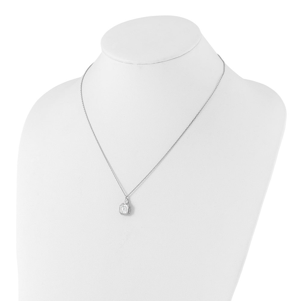 Sterling Silver Rhodium-Plated CZ 16in w/2in Ext. Tear Drop Square Necklace