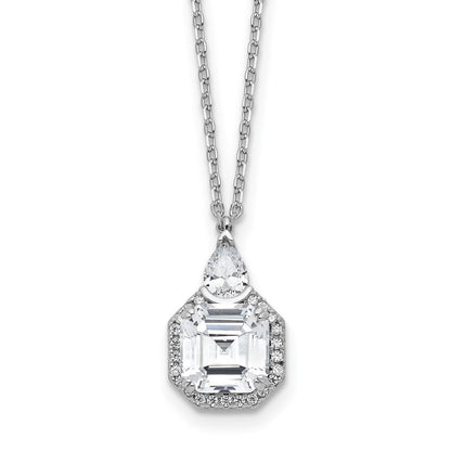 Sterling Silver Rhodium-Plated CZ 16in w/2in Ext. Tear Drop Square Necklace