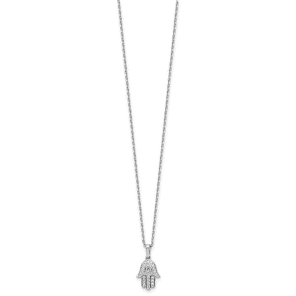 Sterling Silver Rhodium Plated CZ 16in w/2in Ext. Chamseh / Hamsa Necklace