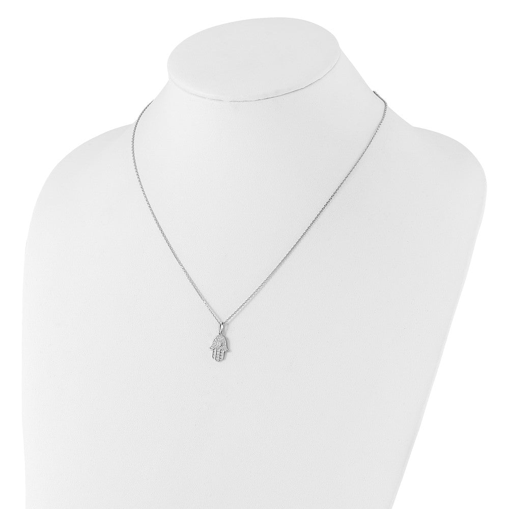Sterling Silver Rhodium Plated CZ 16in w/2in Ext. Chamseh / Hamsa Necklace