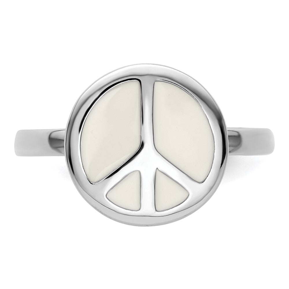 Sterling Silver Ss Stackable Expressions Polished White Enameled Peace Sign Ring