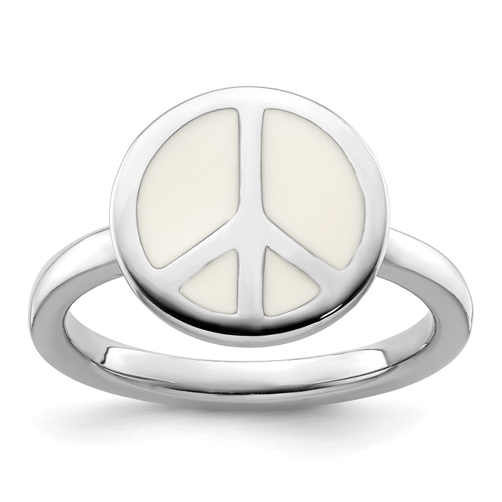 Sterling Silver Ss Stackable Expressions Polished White Enameled Peace Sign Ring