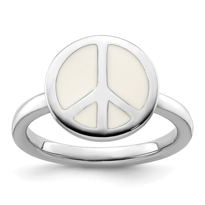 Sterling Silver Ss Stackable Expressions Polished White Enameled Peace Sign Ring