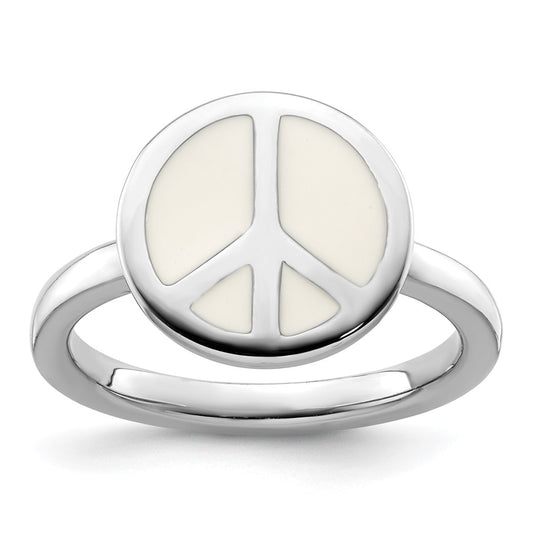 Sterling Silver Ss Stackable Expressions Polished White Enameled Peace Sign Ring