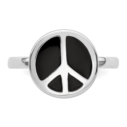 Sterling Silver Ss Stackable Expressions Polished Black Enameled Peace Sign Ring