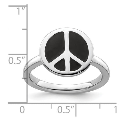 Sterling Silver Ss Stackable Expressions Polished Black Enameled Peace Sign Ring