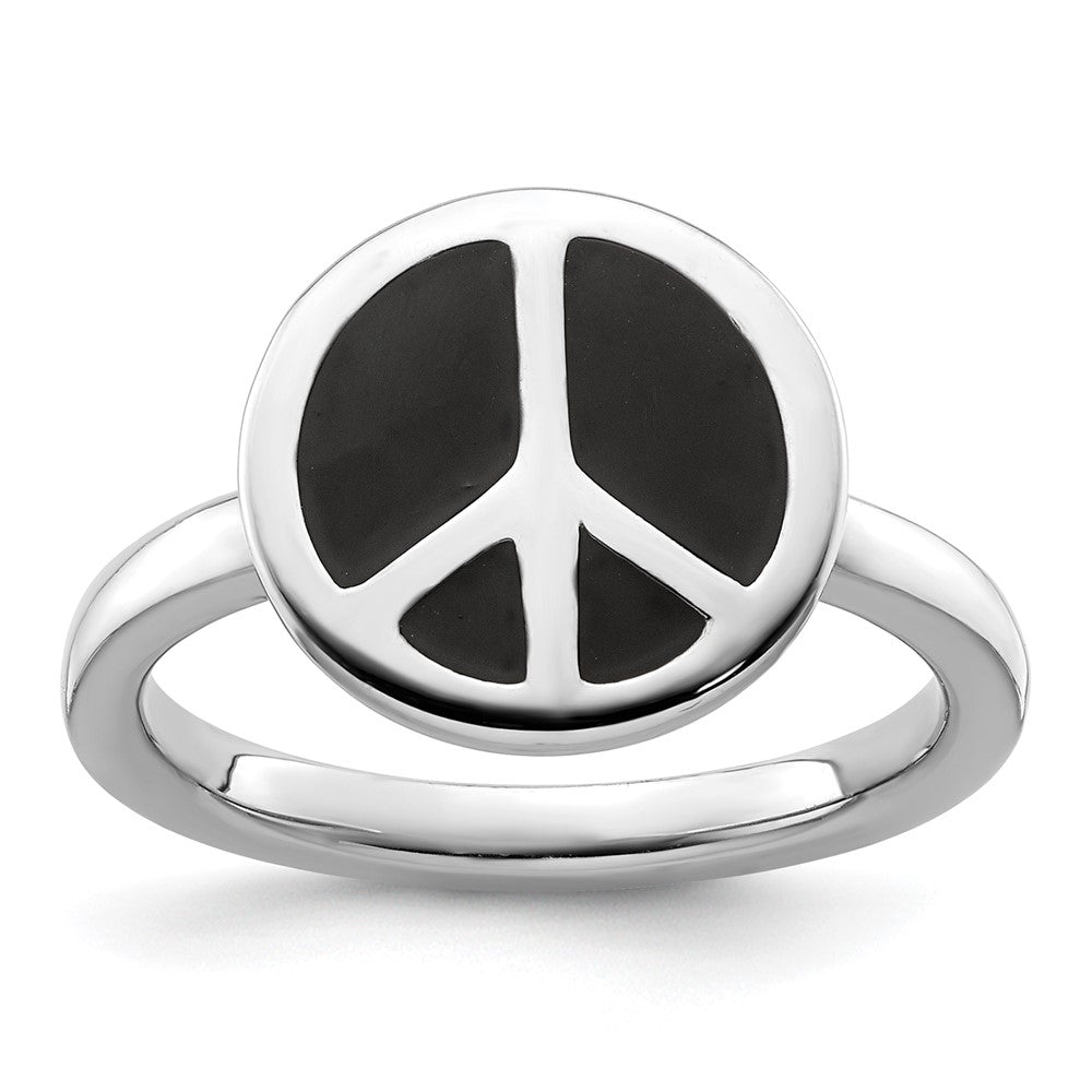 Sterling Silver Ss Stackable Expressions Polished Black Enameled Peace Sign Ring