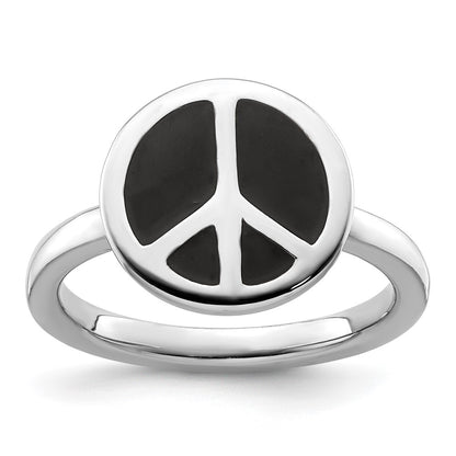 Sterling Silver Ss Stackable Expressions Polished Black Enameled Peace Sign Ring