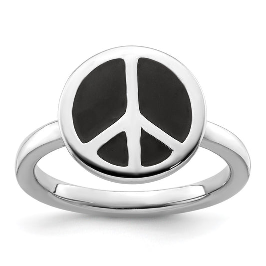 Sterling Silver Ss Stackable Expressions Polished Black Enameled Peace Sign Ring