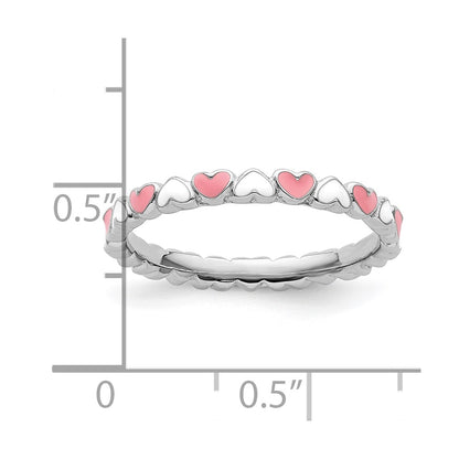 Sterling Silver Stackable Expressions Pink & White Enamel Heart Ring