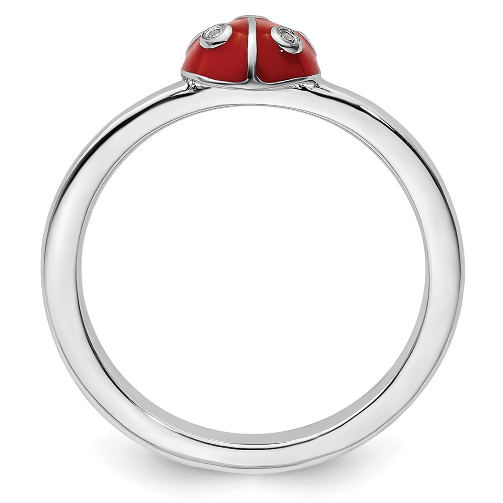 Sterling Silver Stackable Expressions Red /Blk Enamel Ladybug Diamond Rin