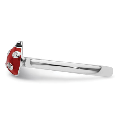 Sterling Silver Stackable Expressions Red /Blk Enamel Ladybug Diamond Rin