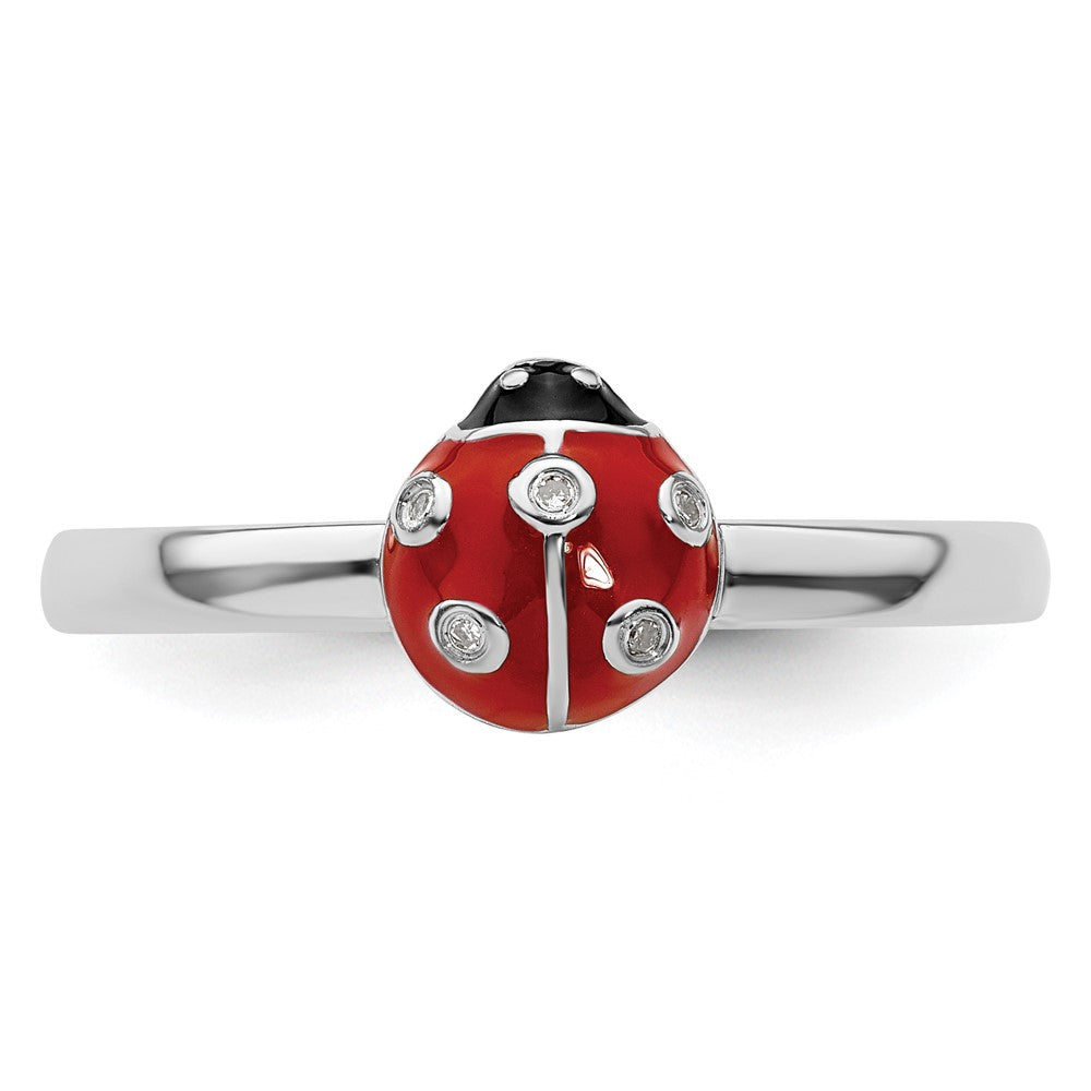 Sterling Silver Stackable Expressions Red /Blk Enamel Ladybug Diamond Rin