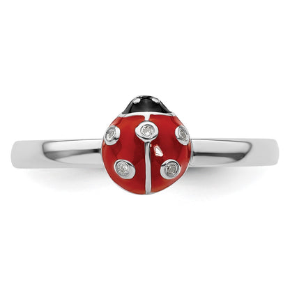 Sterling Silver Stackable Expressions Red /Blk Enamel Ladybug Diamond Rin
