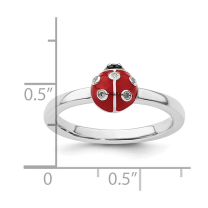 Sterling Silver Stackable Expressions Red /Blk Enamel Ladybug Diamond Rin