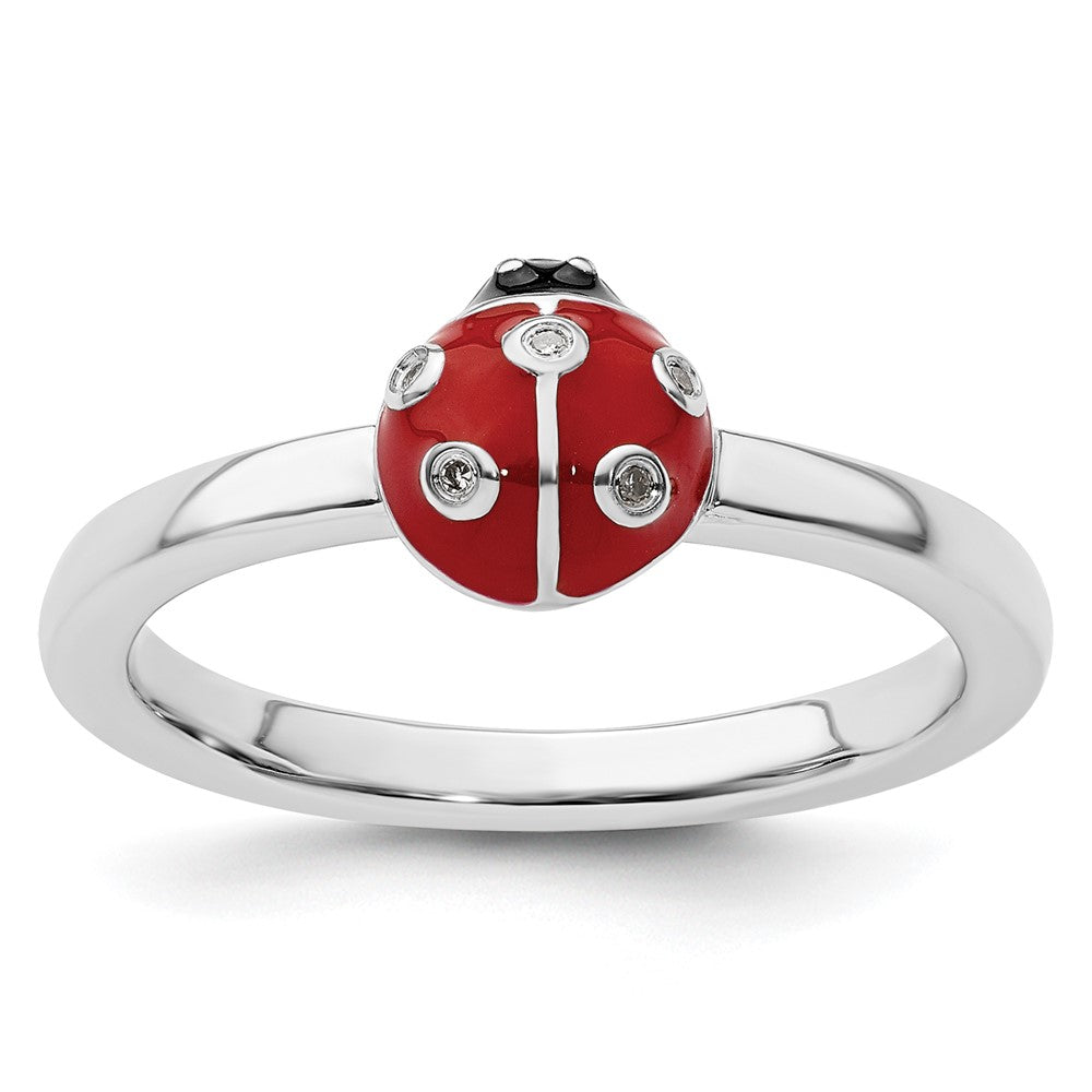 Sterling Silver Stackable Expressions Red /Blk Enamel Ladybug Diamond Rin