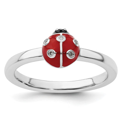 Sterling Silver Stackable Expressions Red /Blk Enamel Ladybug Diamond Rin