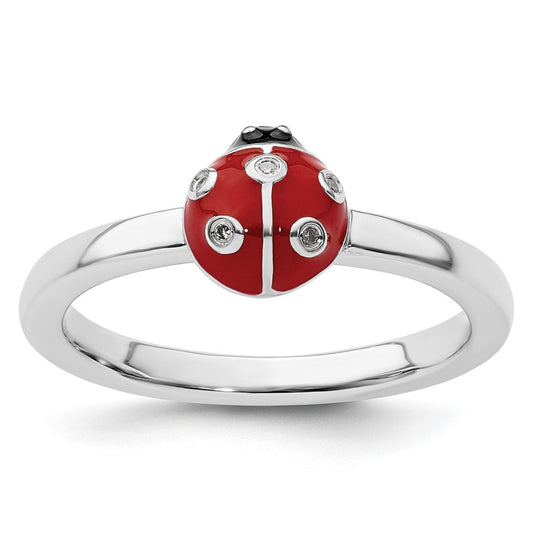 Sterling Silver Stackable Expressions Red /Blk Enamel Ladybug Diamond Rin