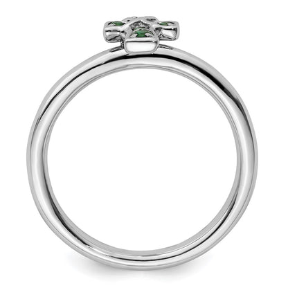 Sterling Silver Stackable Expressions Rhodium Created Emerald Cross Ring
