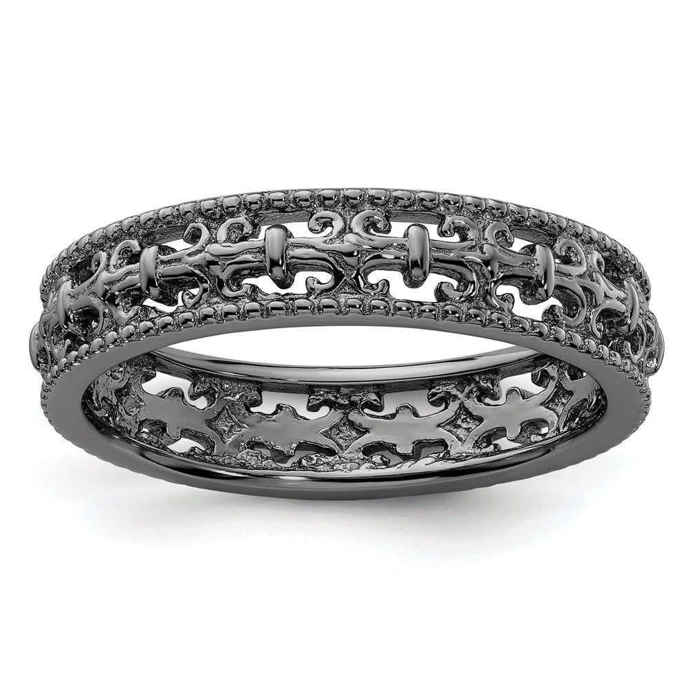 Sterling Silver Stackable Expressions Black Plated Carved Band