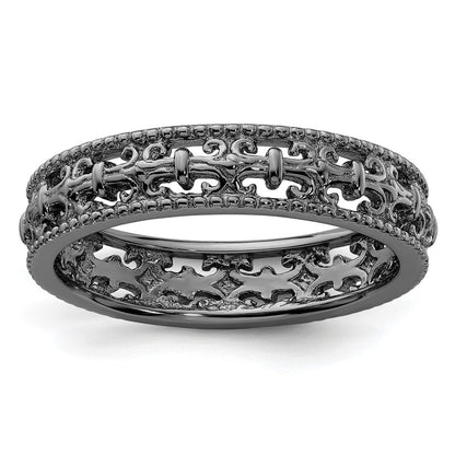 Sterling Silver Stackable Expressions Black Plated Carved Band