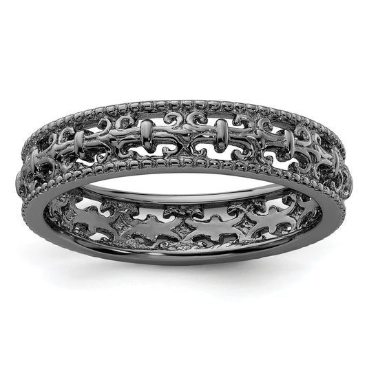 Sterling Silver Stackable Expressions Black Plated Carved Band