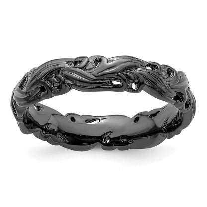 Sterling Silver Stackable Expressions Black Plated Carved Band