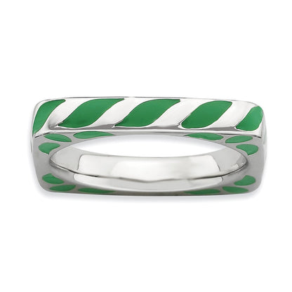 Sterling Silver Stackable Expressions Polished Green Enameled Square Ring