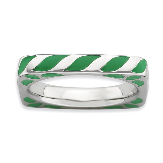 Sterling Silver Stackable Expressions Polished Green Enameled Square Ring