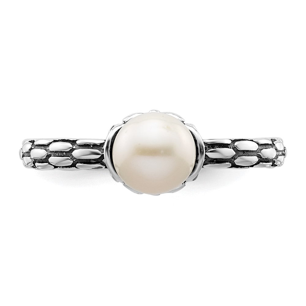 Sterling Silver Stack Exp. Polished Patterned White Fw Cultured Pearl Ring