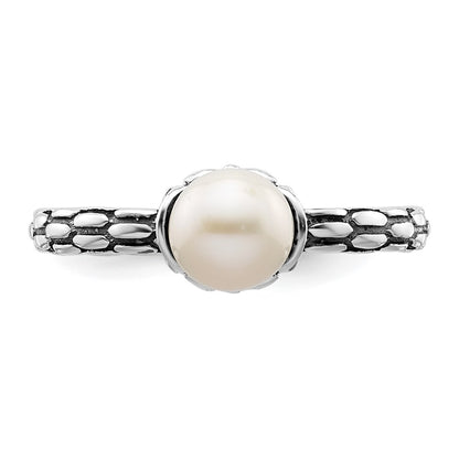 Sterling Silver Stack Exp. Polished Patterned White Fw Cultured Pearl Ring