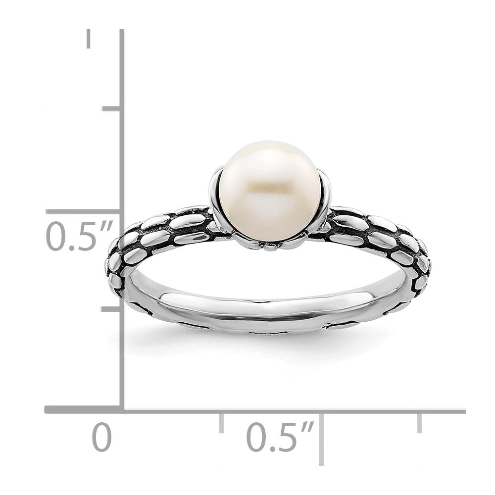 Sterling Silver Stack Exp. Polished Patterned White Fw Cultured Pearl Ring
