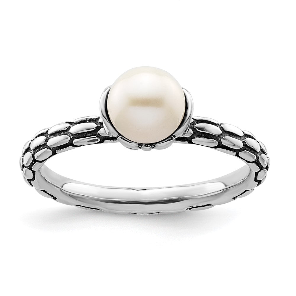 Sterling Silver Stack Exp. Polished Patterned White Fw Cultured Pearl Ring