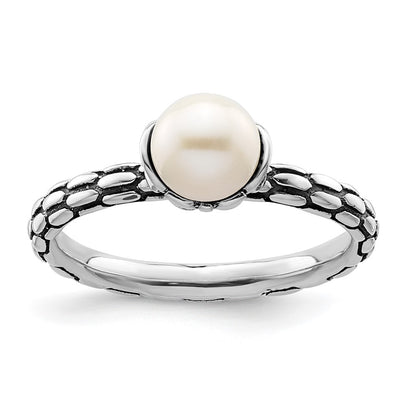 Sterling Silver Stack Exp. Polished Patterned White Fw Cultured Pearl Ring