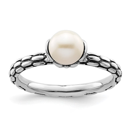 Sterling Silver Stack Exp. Polished Patterned White Fw Cultured Pearl Ring
