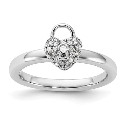 Sterling Silver Stackable Expressions Polished Diamond Heart Lock Ring