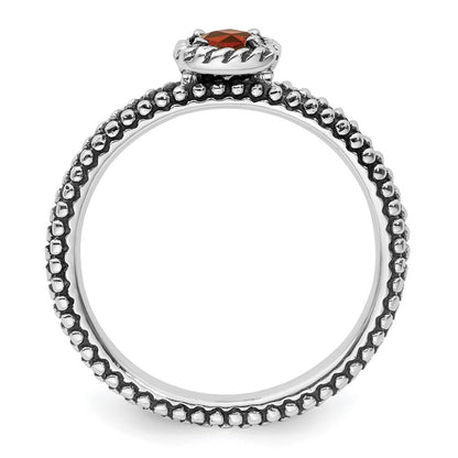 Sterling Silver Stackable Expressions Checker Cut Garnet Antiqued Ring