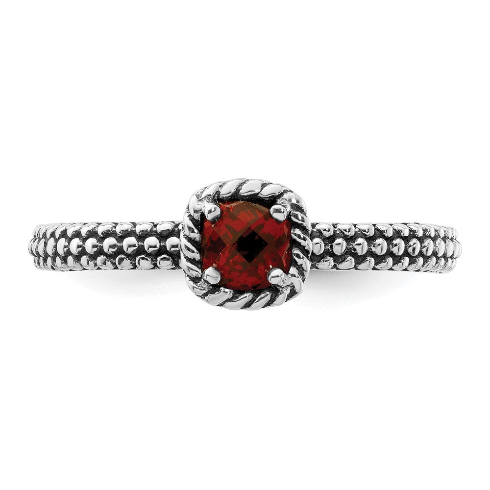 Sterling Silver Stackable Expressions Checker Cut Garnet Antiqued Ring