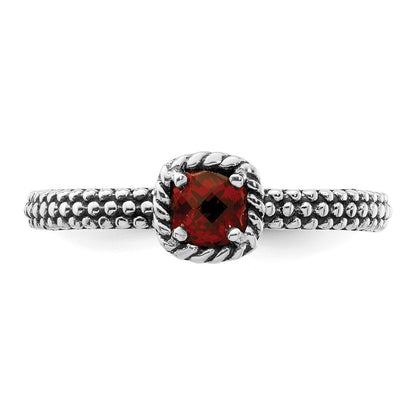 Sterling Silver Stackable Expressions Checker Cut Garnet Antiqued Ring