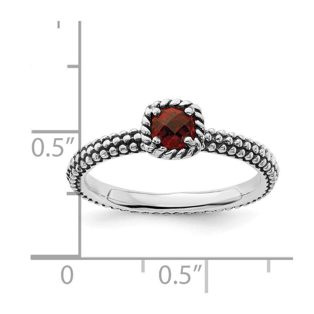 Sterling Silver Stackable Expressions Checker Cut Garnet Antiqued Ring