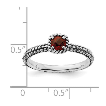 Sterling Silver Stackable Expressions Checker Cut Garnet Antiqued Ring