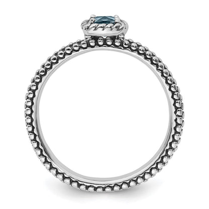 Sterling Silver Stackable Expressions Checker Cut Aquamarine Antiqued Ring