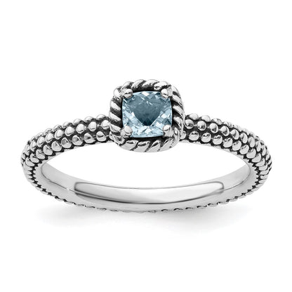 Sterling Silver Stackable Expressions Checker Cut Aquamarine Antiqued Ring