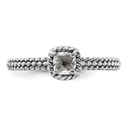 Sterling Silver Stackable Expressions Checker Cut White Topaz Antiqued Ring