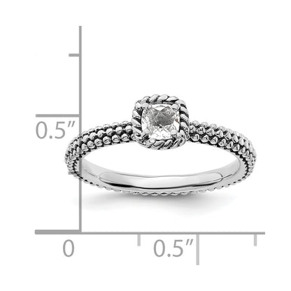 Sterling Silver Stackable Expressions Checker Cut White Topaz Antiqued Ring
