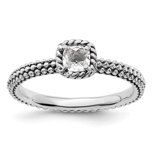 Sterling Silver Stackable Expressions Checker Cut White Topaz Antiqued Ring